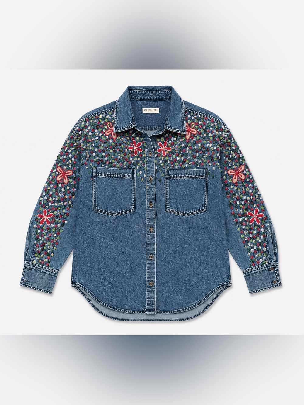 Free People We The Free Rainbow Embroidered Denim Shirt Rinse Wash Blue Size M